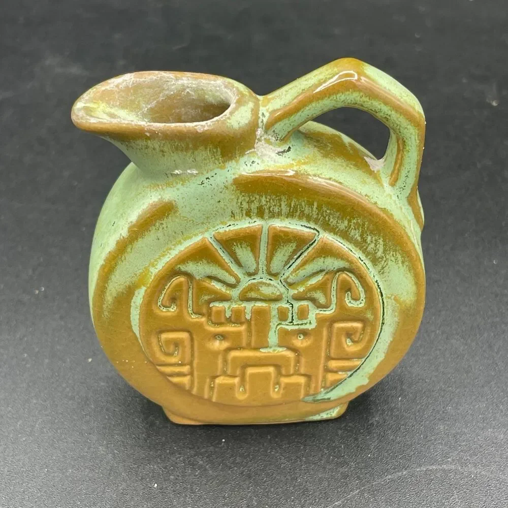 Vintage Frankoma Pottery Prairie Green Distressed Mayan Aztec Mini Pitcher #551
